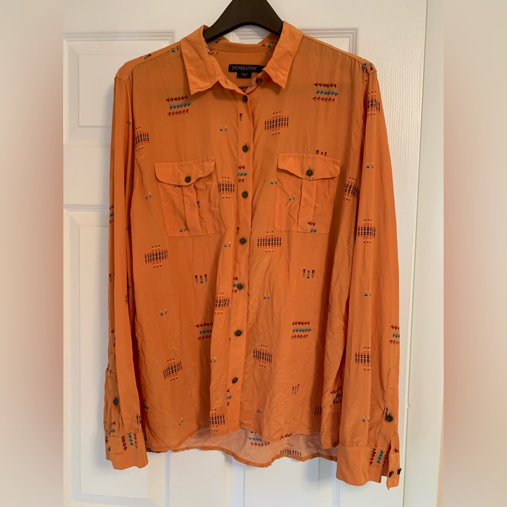 Pendleton Silk Mustard Orange Patterned Button Do… - image 3